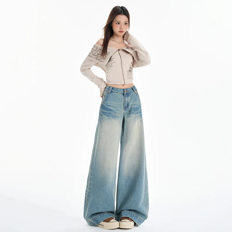 Calças de brim retas femininas confortáveis lazer cintura alta perna larga calças jeans soltas rua hip hop estilo moda