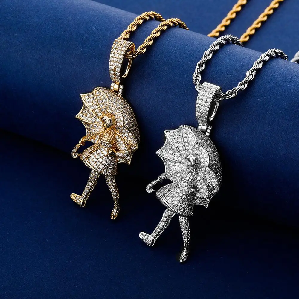 Hip Hop AAA CZ Stone Paved Bling Iced Out Girl Holding an Umbrella Pendants Necklace for Men Rapper Jewelry Drop Shipping