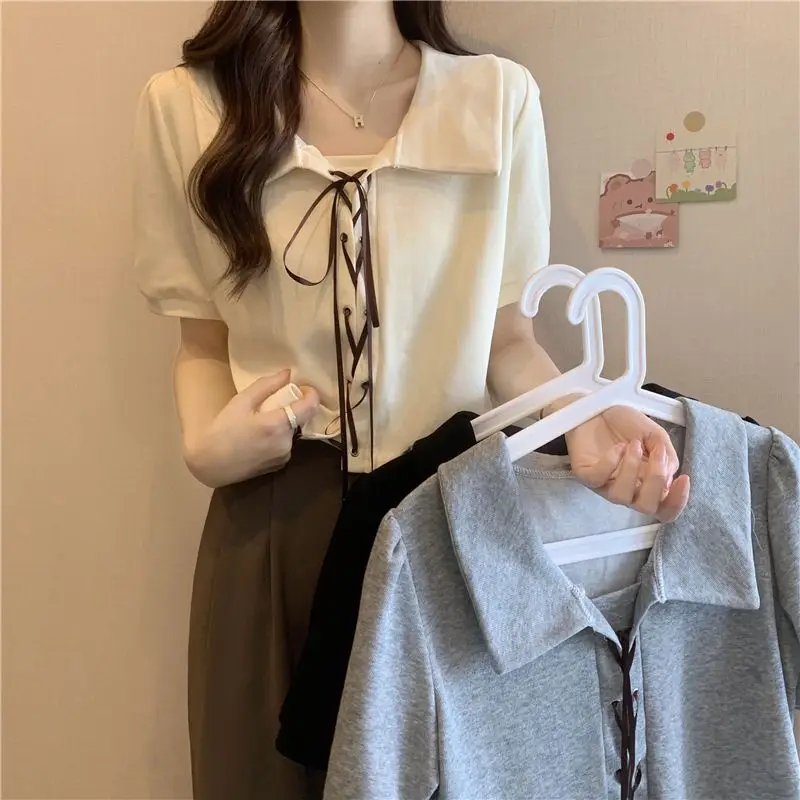 

Women's Clothing Short Sleeve T-shirts Casual Turn-down Collar Summer Fashion Drawstring Bow Korean Sweet Solid Color Pullovers