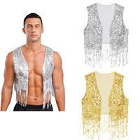 Mens Cowboy Western Costume Shiny Vintage 70s Disco Costumes Fringe Sequin Waistcoat Sleeveless Open Front Cropped Vest Cardigan