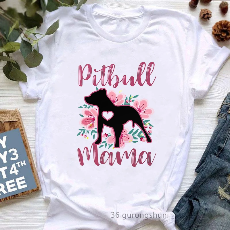 Pitbulls Mama Graphic Print Tshirt Girls Dog Lover Kawaii T Shirt Women Funny White Casual T-Shirt Female Harajuku Shirt Tops