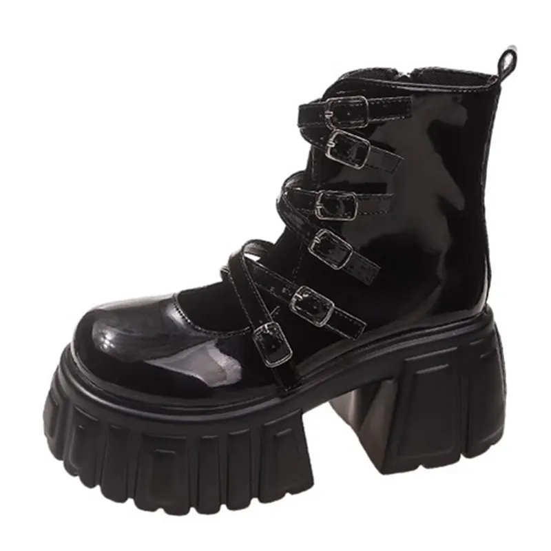 

Совершенно новый дизайн, летние сандалии в готическом стиле, женская обувь на платформе и массивном высоком каблуке, модная женская обувь в стиле панк с тонким ремешком 2025 года