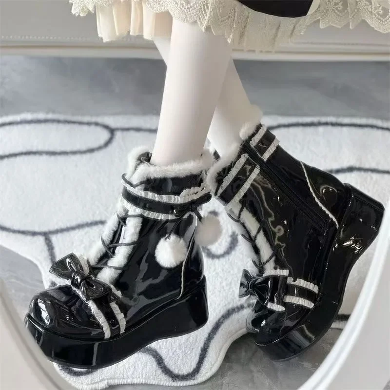 Sweet Winter Girls Lolita Mid-Calf Snow Boots,Cute Female Students Plush Warm Bowknots Lace Up Wedge Heel Heightening Shoes