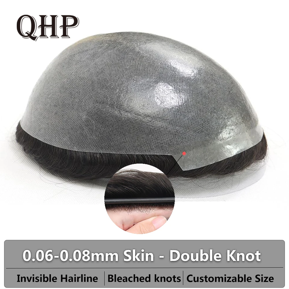 Natural Toupee With Knots Skin 0.06-0.08mm Base Male Capillary Prosthesis Indian Human Hair Wigs Hair Invisible Hairline System
