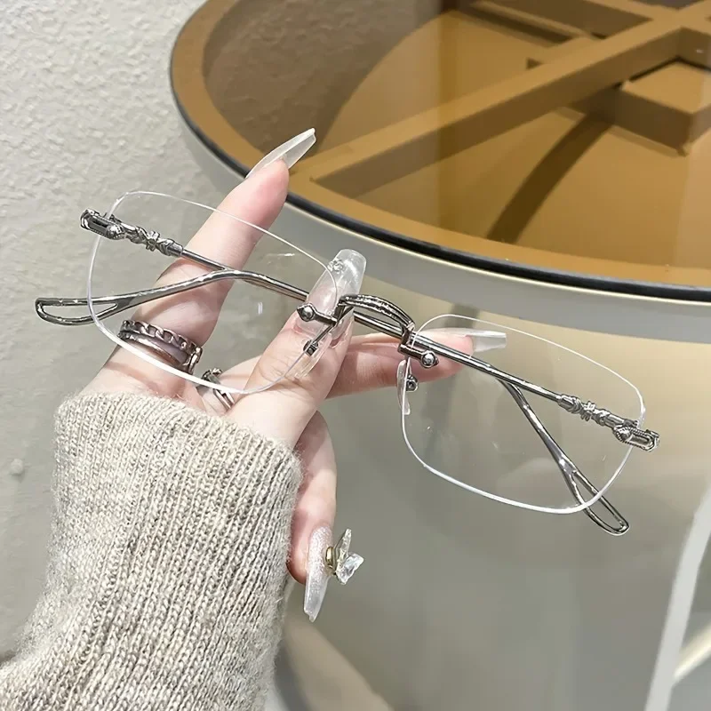 Elegant Women\'s Rimless Rectangle Glasses with Blue Light Blocking Metal Frame Glasses