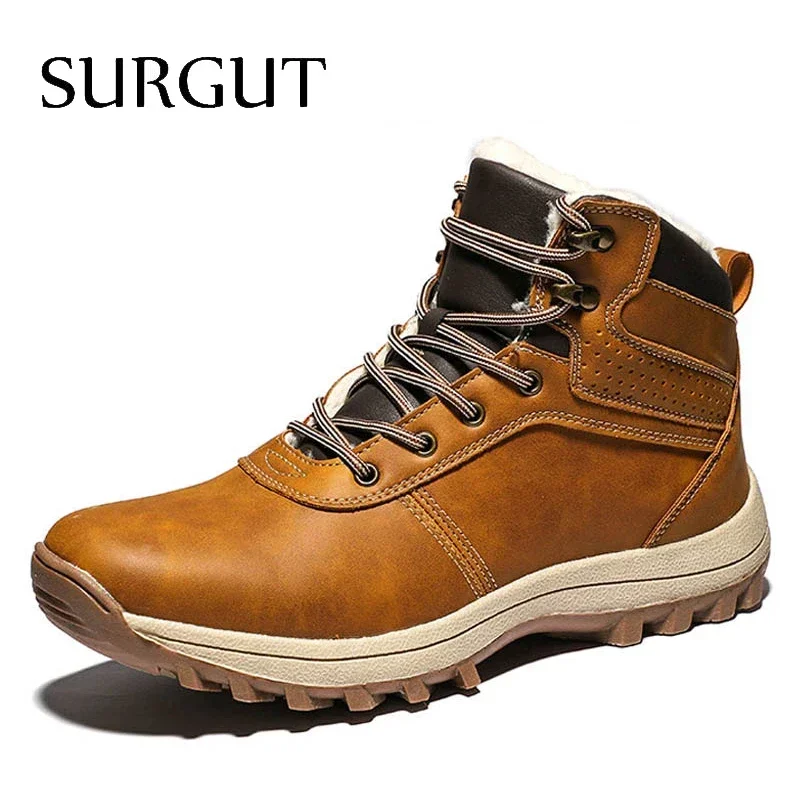 SURGUT Men Boots Split Leather Lace-up Men Shoes High Quality Vintage British Snow Boots Autumn Winter Men Casual Ankle Boots