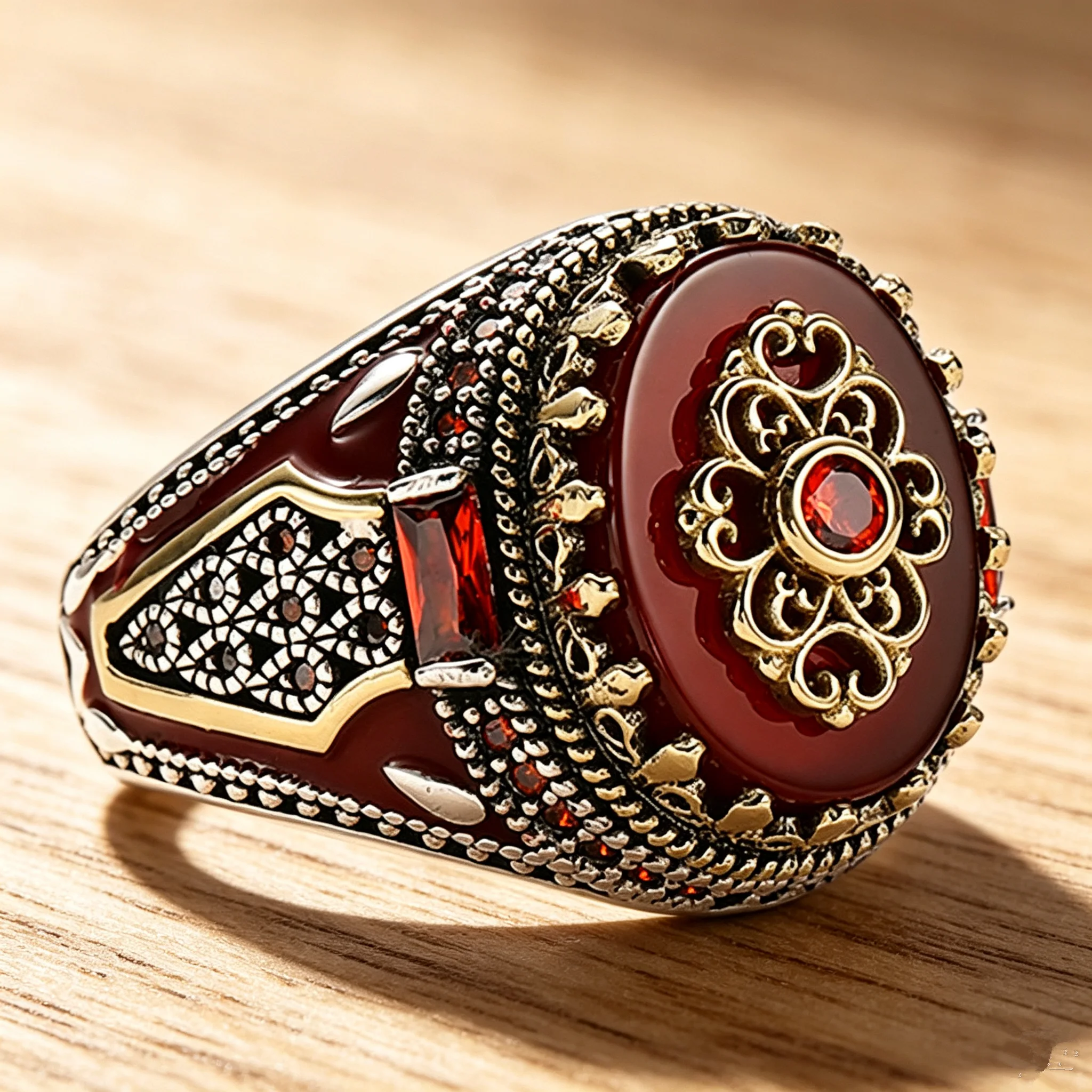 Vintage Turkish Style Red Agate Inlaid Men Titanium Steel Ring Enamel Floral Metal Craft Retro Ethnic Male Finger Jewelry Annive