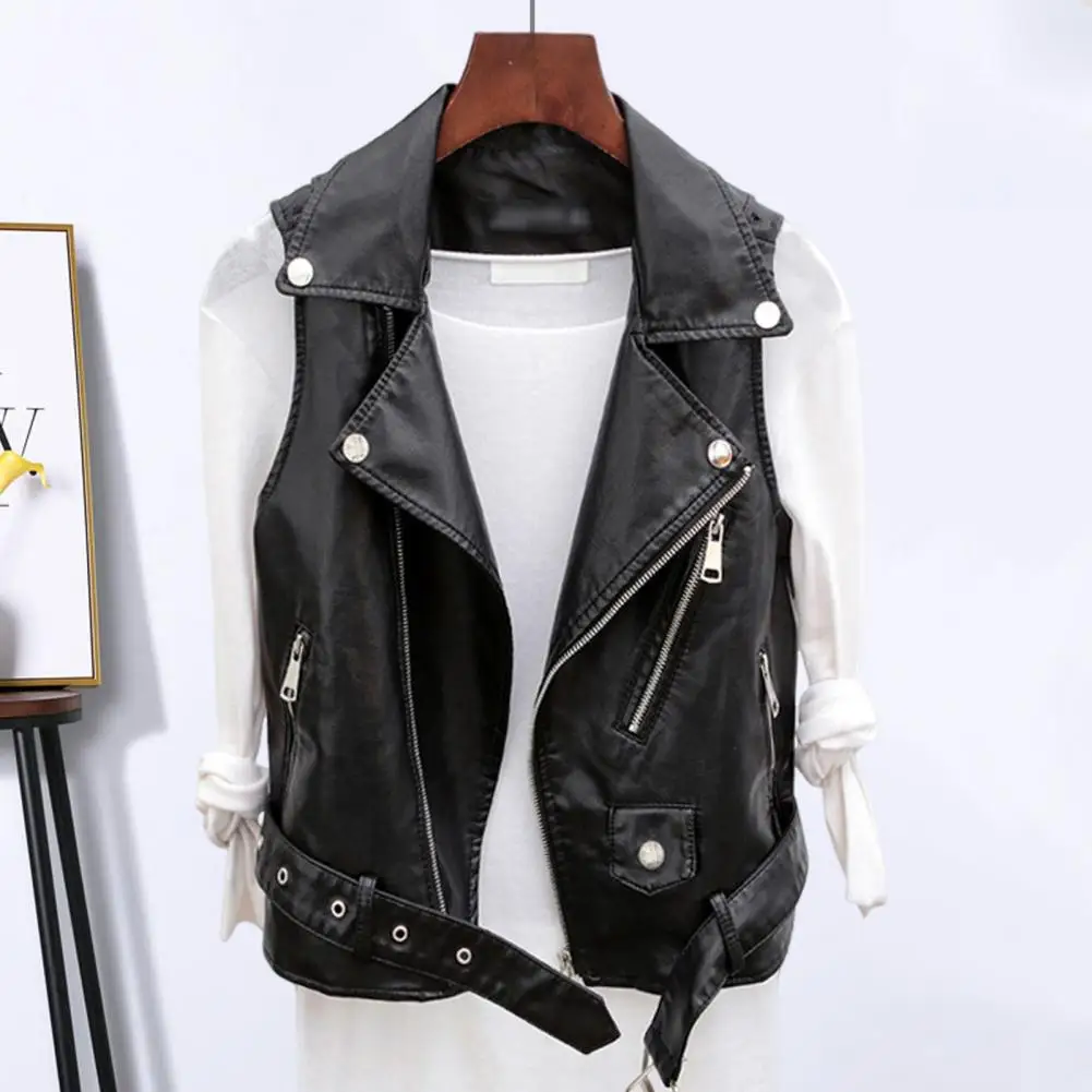 

Lady Waistcoat Stylish Women's Faux Leather Vest with Belted Turn-down Collar Zip-up Sleeveless Design Retro for Commuting