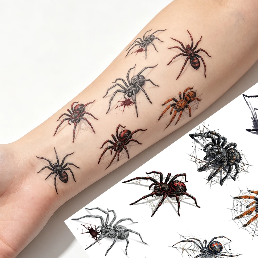 8Style/5pcs Realistic Horror Spider Temporary Tattoo Stickers Black Skull Spider Spider Tattoo Sticker DIY Halloween Cosplay Dec