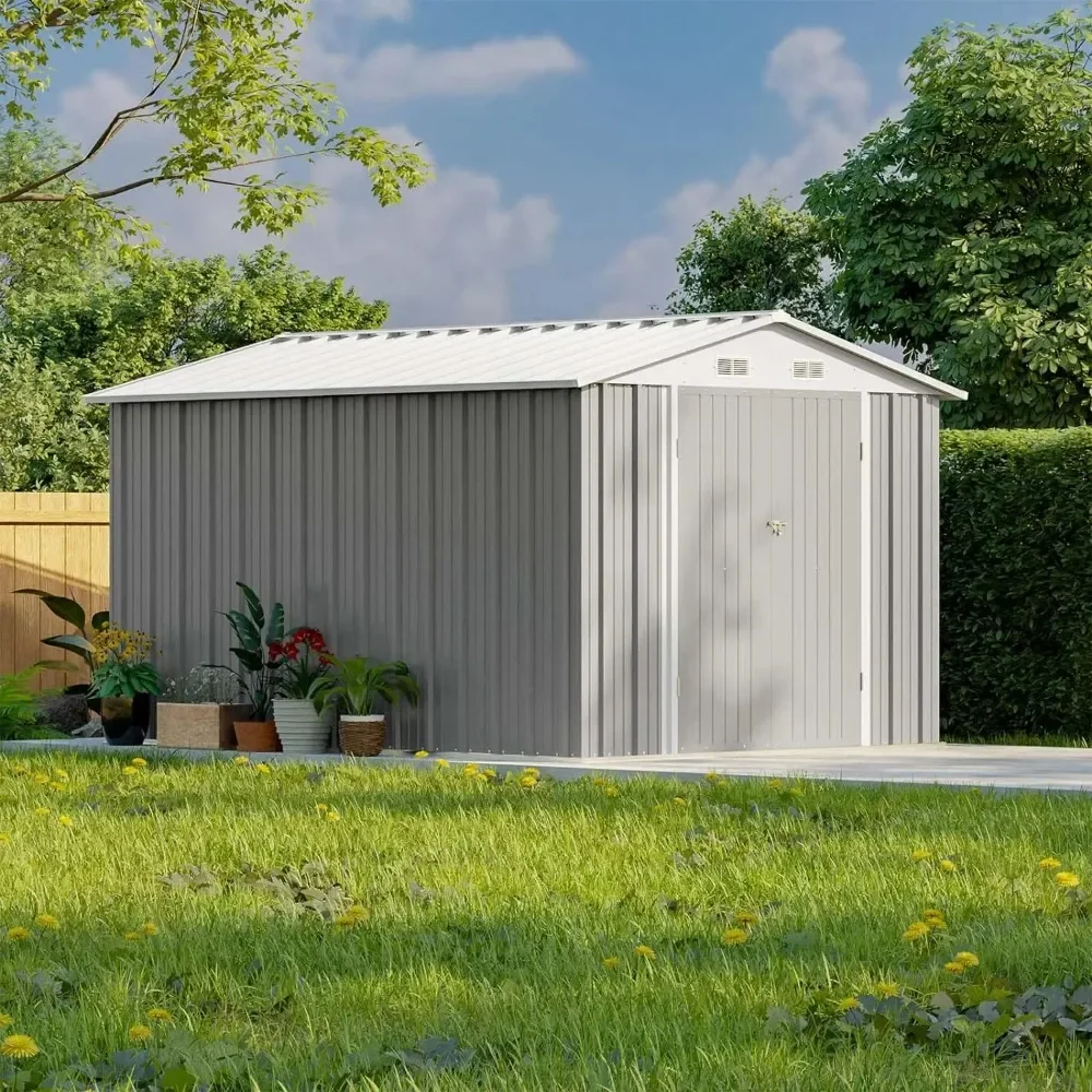 8x10 FT Outdoor Storage Shed, Large Garden Tool Metal Shed with Sloping Roof and Double Lockable Door, Outdoor Shed