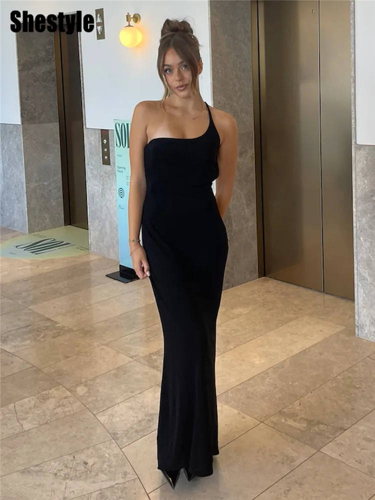 

Shestyle Sleeveless Backless Long Dress Women 2026 Summer Solid Fashion One Shoulder Spaghetti Strap Slim Hot Streetwear Black