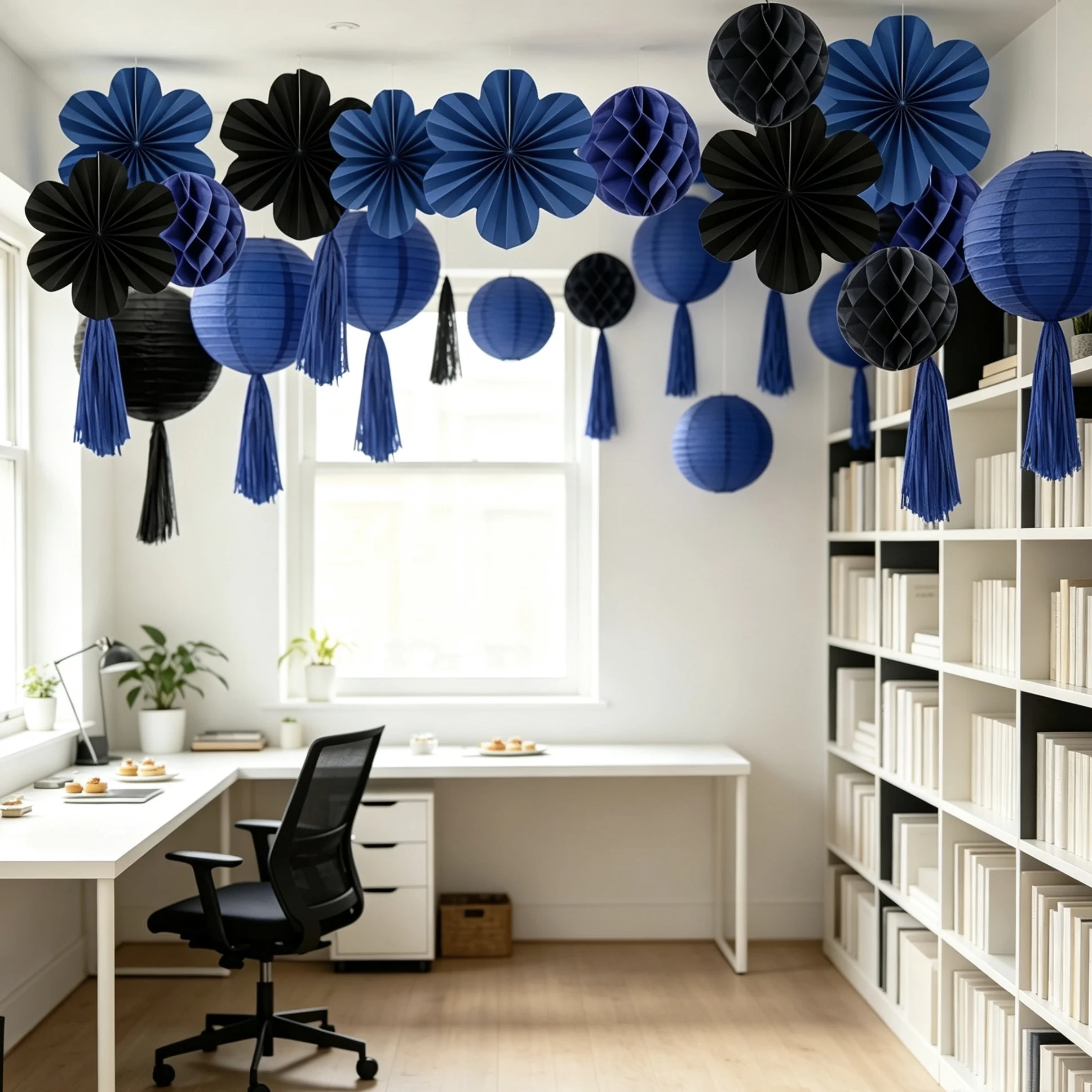 56PCS Blue Black Paper Honeycomb Flower Fan Tassels Lantern Set for Father's Day 4th of July Halloween Birthday Wedding Decor