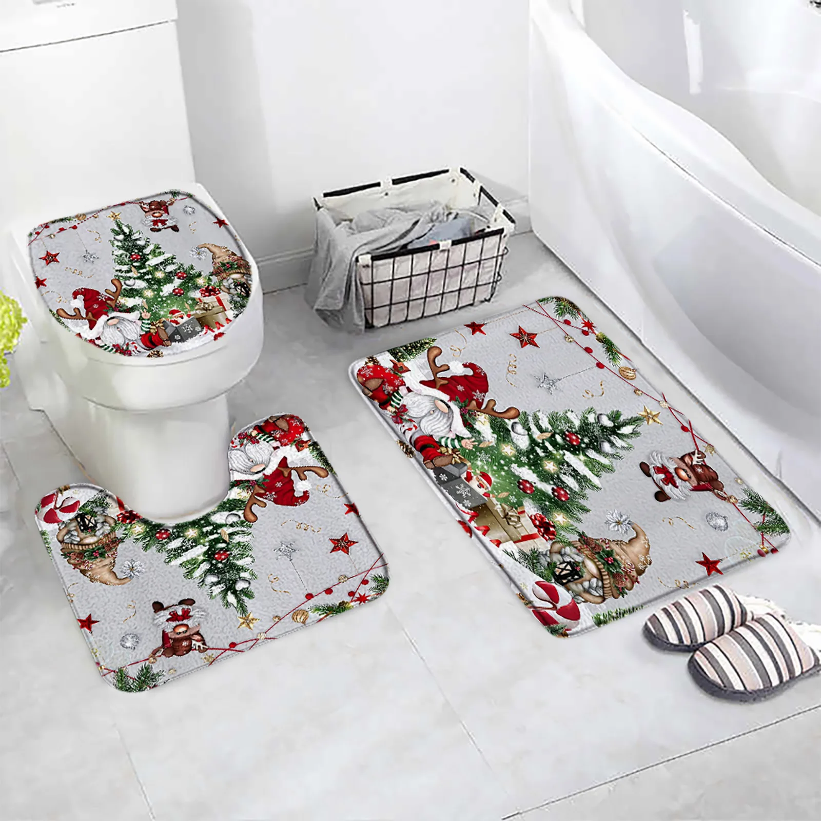 Cute Snowman Christmas Bath Mat Set Pink Xmas Trees Snowflake Winter New Year Flannel Home Bathroom Decor Floor Rug Toilet Cover