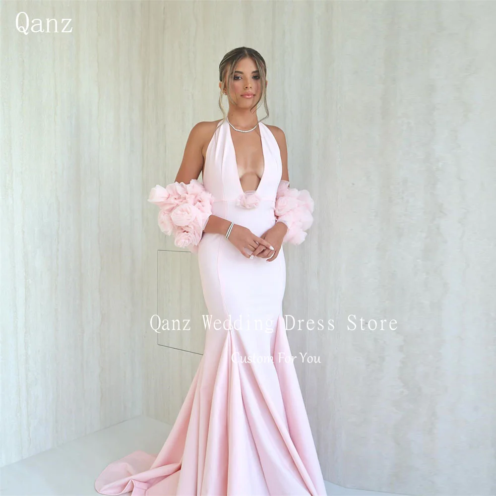 

Qanz Pink Mermaid Prom Dresses Deep V Neck Satin Evening Dress Sexy Backless 3D Floral Shawl Vestido Largo Elegante Customized