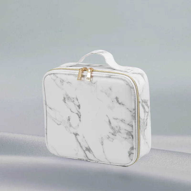 Marble-patterned cosmetic bag with dividers, a multi-functional travel organizer, and a portable hand-held cosmetic case