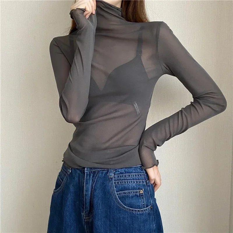 

Women Slim Fit High Collar with Long Sleeve Lace Bottoming Blouse Thin Mesh Autumn and Winter Black Ear Yarn