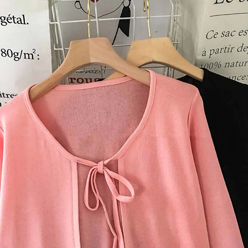 Cute Pink Women\'s Sweater Streetwear Front Tie Bandage Women Knitted Outwear Fashion Pull Femme Clothes Cardigan