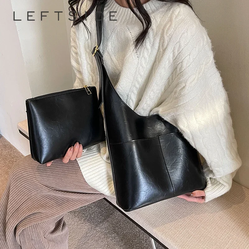 LEFTSIDE Small PU Leather 2 Pcs/set Shoulder Bags For Women 2024 Winter Y2K Trend Female Underarm Bag Lady Handbags And Purses