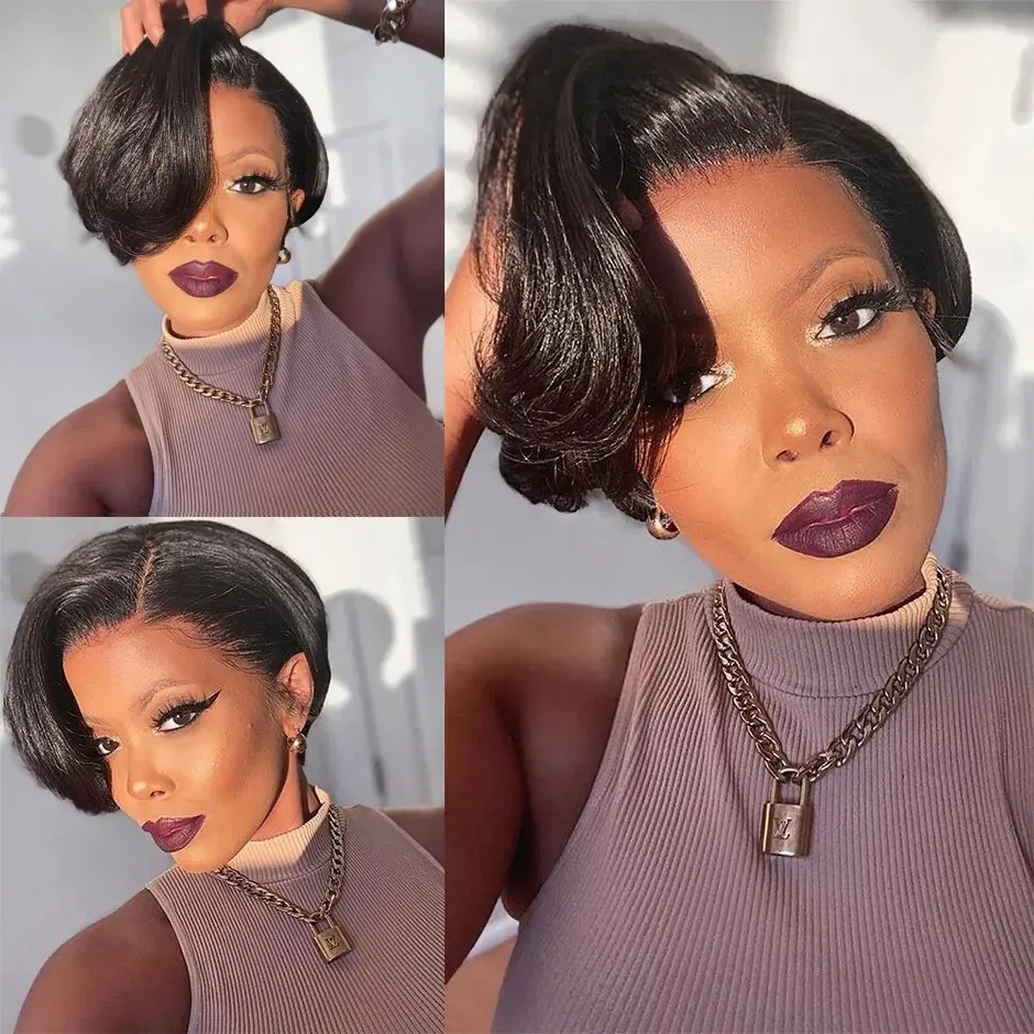 

Pixie Cut Pre Style Side Part Short 100% Human Hair Wigs 13x4 HD Lace Frontal Wigs Pre Plucked For Black Women Natural Color