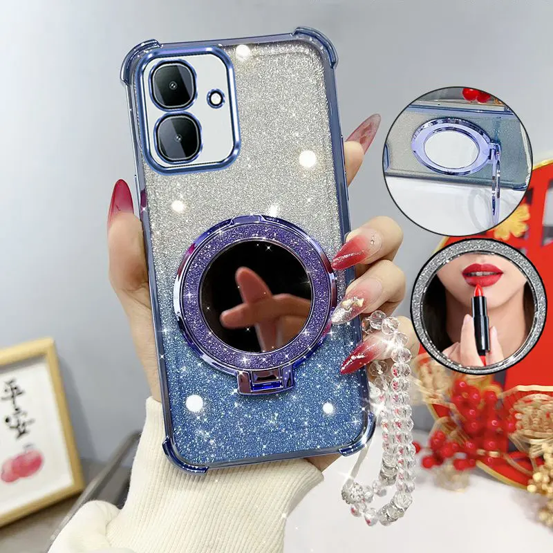 Capa de telefone à prova de choque de quatro cantos com suporte de espelho alça frisada para Infinix Smart 10 Spark Go 2 Pop10 capa traseira