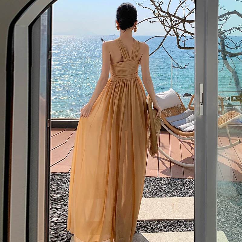 فستان صيفي فرنسي جديد أنيق للحفلات الراقصة فستان نسائي عتيق بدون أكمام مكشوف الأكتاف مثير بدون ظهر للعطلات فساتين ميدي