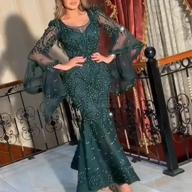 

New Arrival Green Sexy Party Wear Dress Long Sleeve Mermaid Prom Dress Sequin Beaded Lace Evening Dress