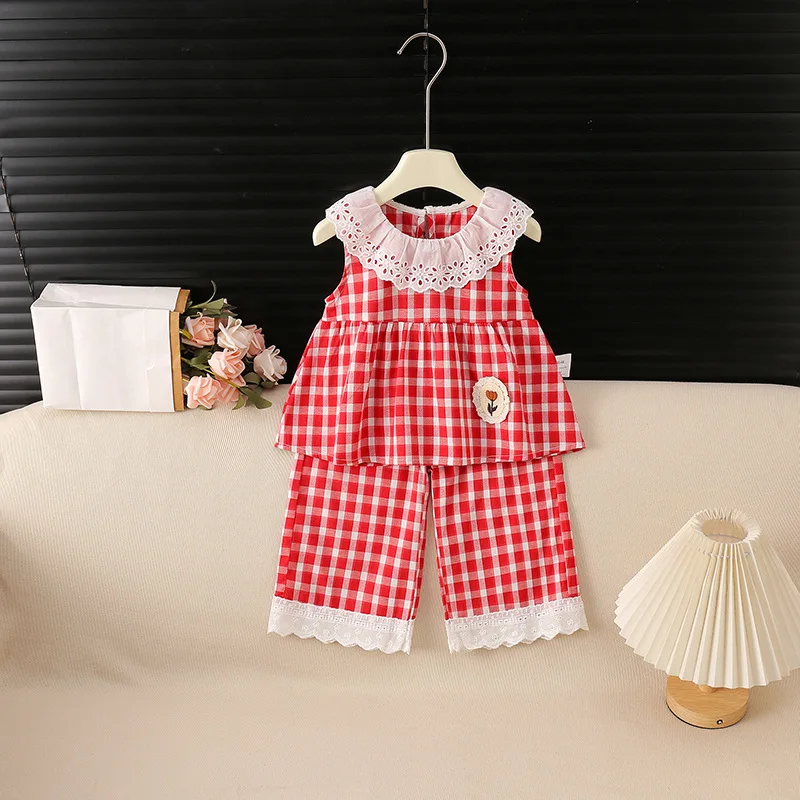 

Girls Two Piece Outfit Lace Trim Sleeveless Plaid Top With Pants Casual Daily Baby Summer Suit