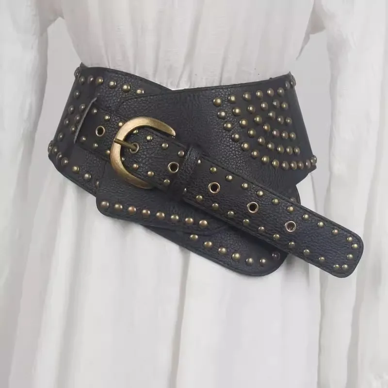 

Women's Fashion PU Leather Rivet Punk Elastic Corset Female Cummerbund Coat Waistband Dress Decration Wide Belt J396