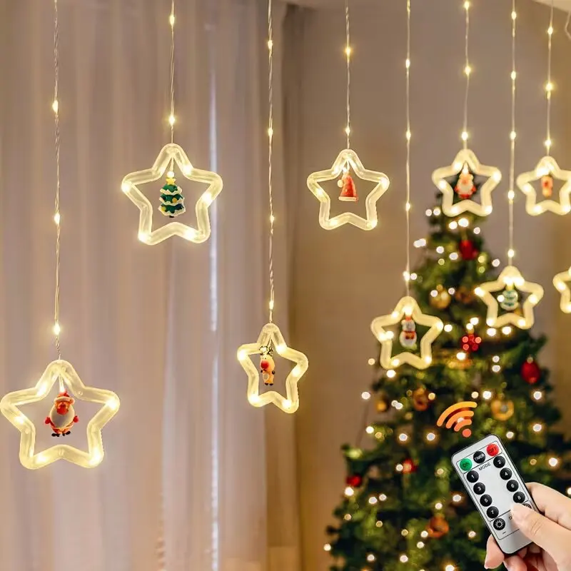 Christmas LED Curtain Lights with Santa Snowman Reindeer Tree Star,8 Modes USB Powered with Remote Control,Warm White Home Decor