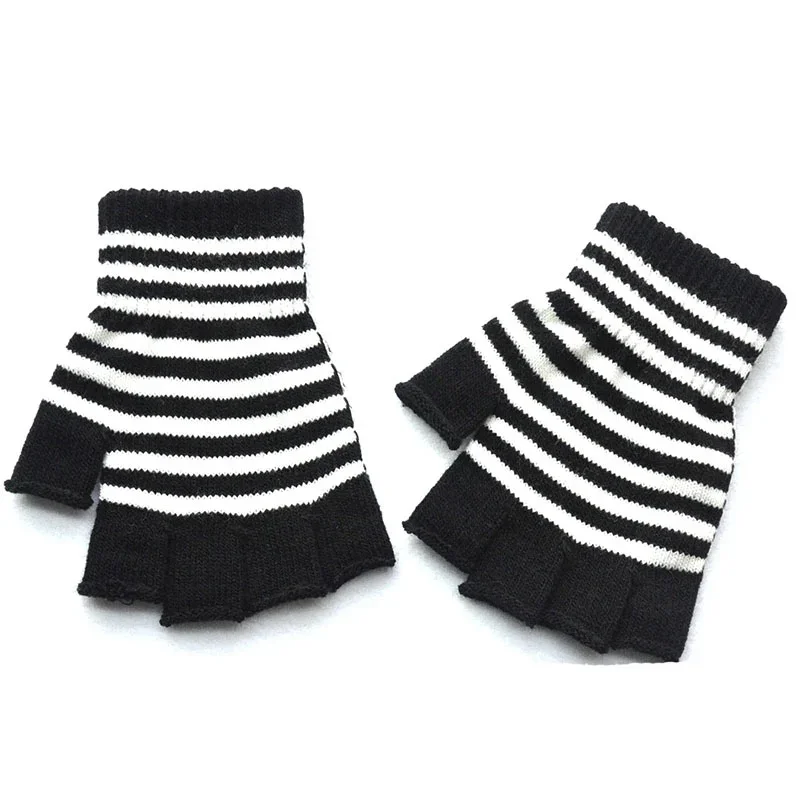 1Pair Black Red Stripe Half Finger Fingerless Gloves for Women Men Knit Wrist Winter Warm Outdoor Gothic Lolita Style Mittens