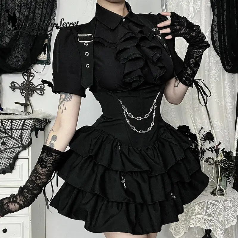 [You're My Secret] Vestidos góticos retrô femininos, preto, babado, em camadas, bodycon, top slim, y2k, estilo japonês, vestido 2025