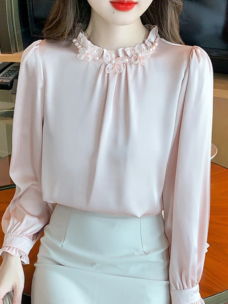 New Fashion Beading Stand Collar Chiffon Blouse Shirt Women Tops Blusas De Verano Mujer 2024 Long Sleeve Blouse Women Blusa G878