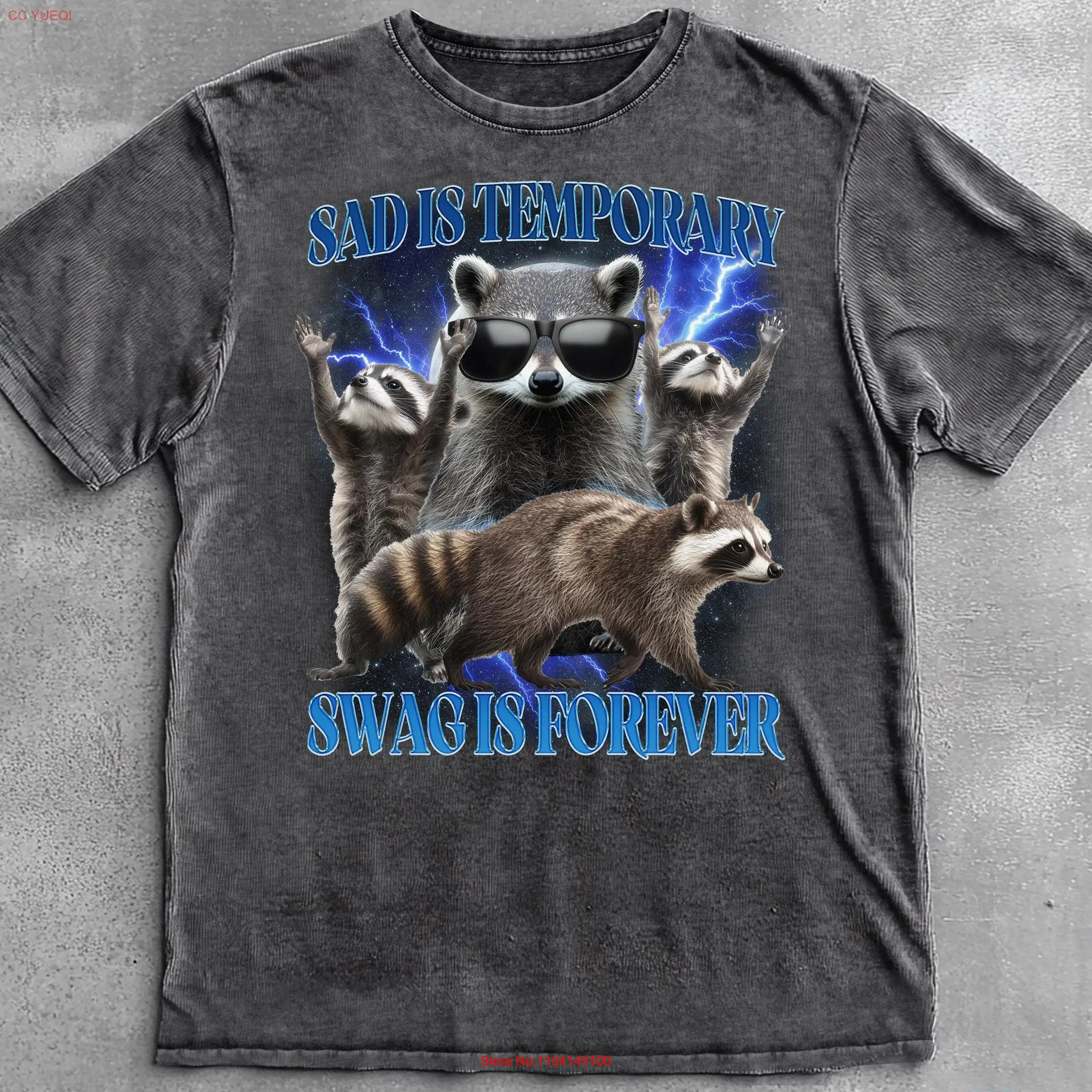 

Sad Is Temporary Swag Forever Vintage Raccoon T Shirt Retro 90s Funny Y2k Washed s long or short sleeves
