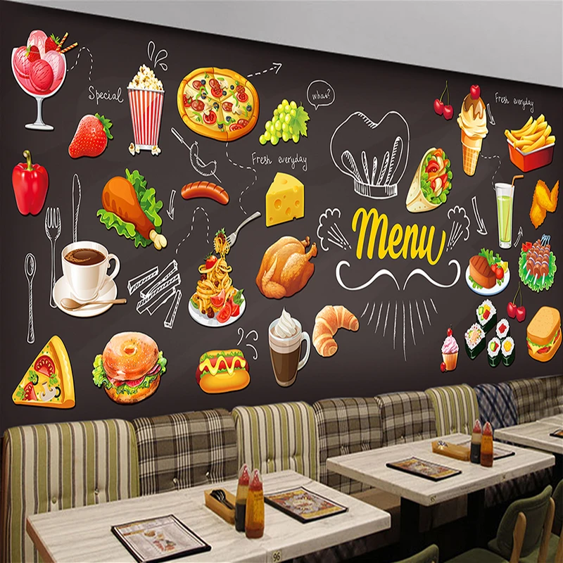 Personalized Blackboard Graffiti Food Mural Wallpaper Cake Shop Cafe Hamburger Shop Restaurant Photo Wallpaper Wall Covering 3D