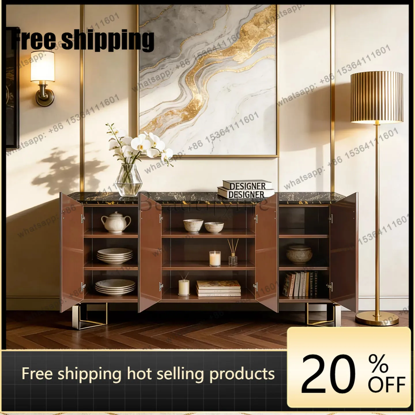 Factory Direct Medieval Entrance Cabinet, Living Room Storage Tree Tumor Veneer Marble Edge Cabinet