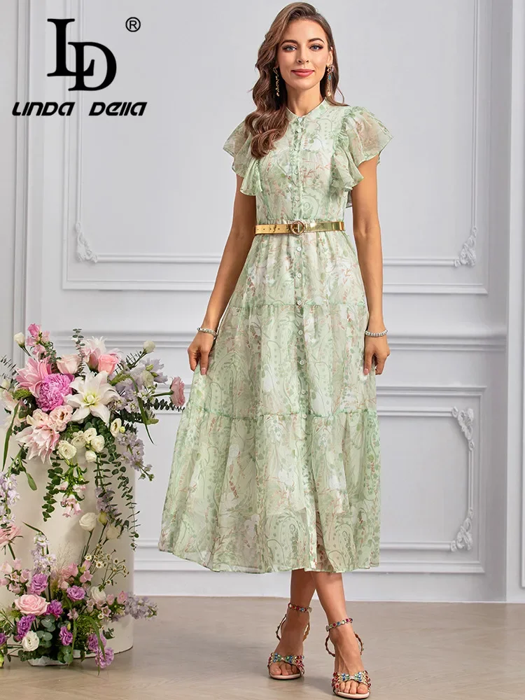 

LD LINDA DELLA Summer Runway Vacation Dress Women's Bohemian Floral Print Chiffon Butterfly Sleeve Sashes Single Breasted Dress