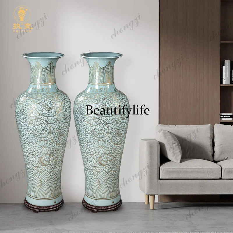 New Chinese light luxury high-end ornaments, living room  villa decoration, extra large Jingdezhen ceramic floor-to-ceiling vase
