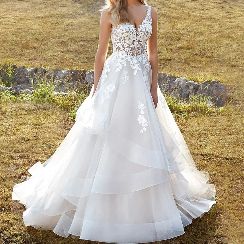 

Customized Exquisite Ruffled Wedding Dresses 2024 for Women Bride Lace Appliques Tiered Straps Bride Gown