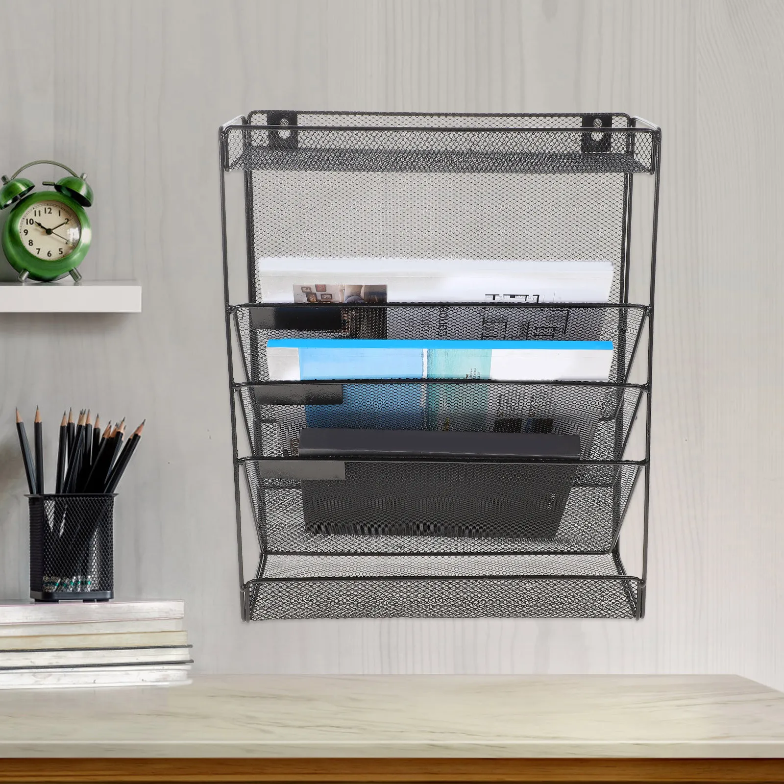 

Mesh Wall File Organizer Metal Vertical Document Holder for Office Study Room Storage of Books Files Envelopes Wall Pocket File