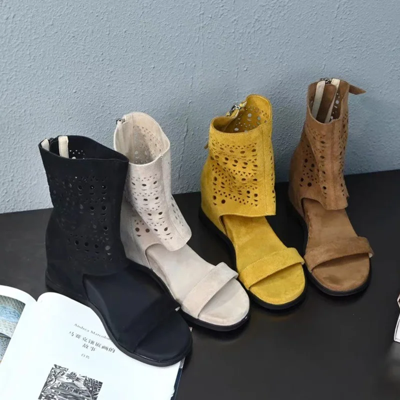 

Fashionable Breathable Hollow out Roman Style Women's Short Boots Summer New Arrival Flat Heel Inner Heightening 6cm Mocassins