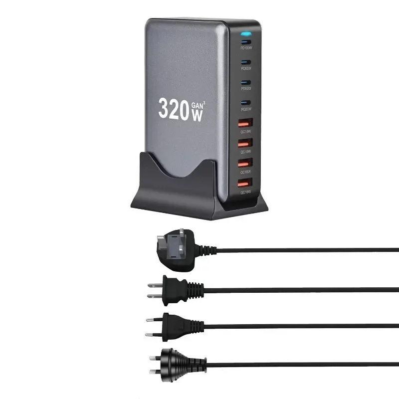 Pengisi daya Desktop 320W GaN, pengisi daya PD Tipe C USB 8-port