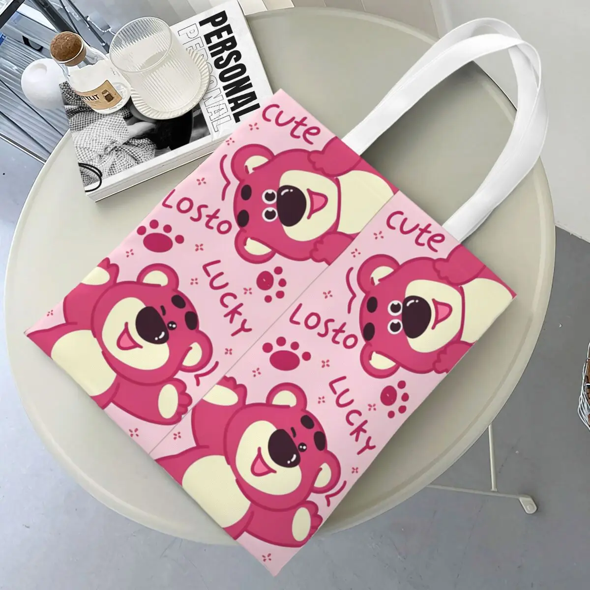 Lotso Strawberry Bear Toy Story Canvas Tote Bag Fashion Large Capacity Grocery Bag for Unisex Lots-o'-Huggin' Bear Student Bags