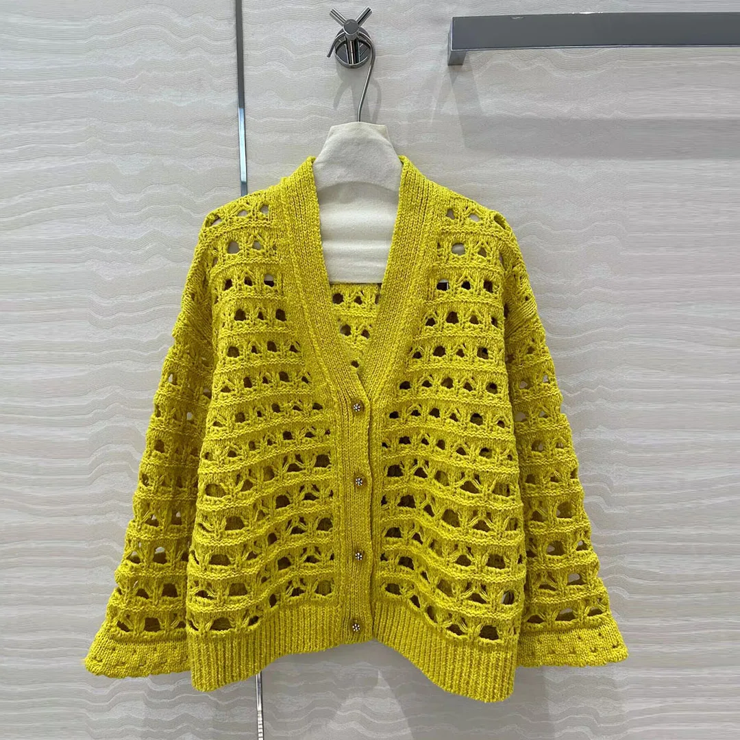 2025 New Fashion Yellow Hollow Out Crochet Knitting Women Sweater V-neck Single Breasted Flare Long Sleeve Sweet Loose Cardigans