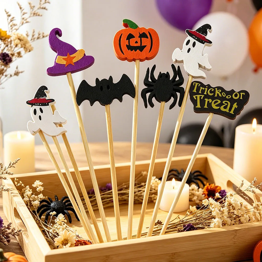 100Pcs Cartoon Pumpkin Ghost Witch Hat Disposable Bamboo Food Picks Dessert Fruit Forks for Halloween Theme Party Decoration