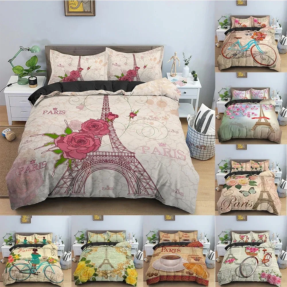 

Eiffel Tower Bedding Set Romantic Style Duvet Cover Set With Pillowcase King Queen Size Comforter Cover for Valentine's Day