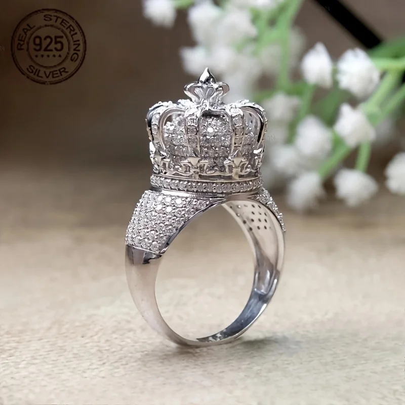 

2025 New Luxury 925 Sterling Silver Rings Crown Hollow Design Mens Vintage Iced Out Pinky Hip Hop Ring Fine Jewelry Gift