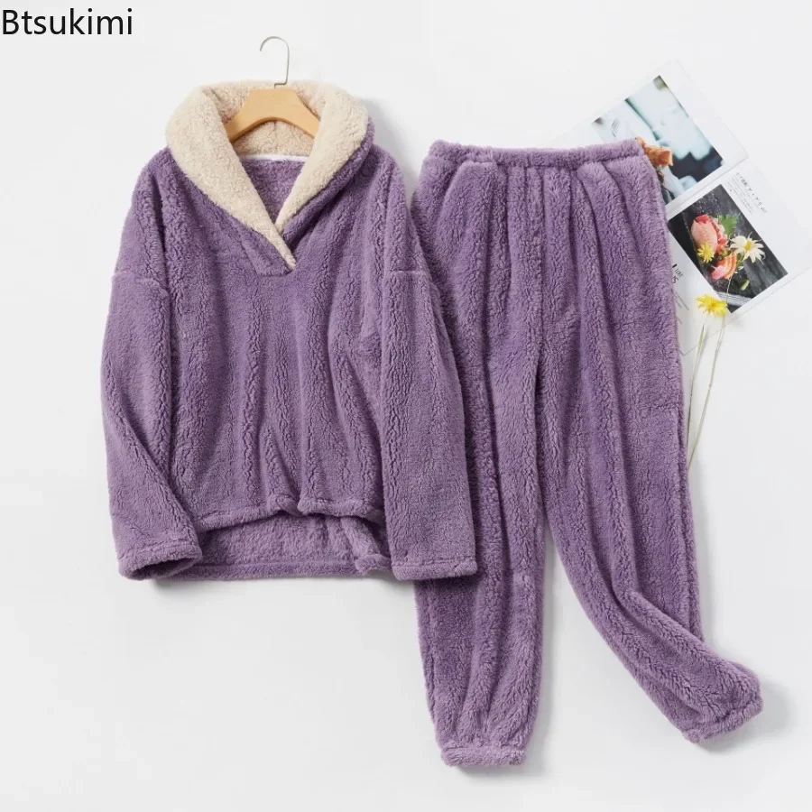 New 2025 Pajamas Sets for Women Soft Comfy Fluffy Sleepwear Long Sleeve Pullovers Pants Loose Plush Warm Home Wear Outfits Femme