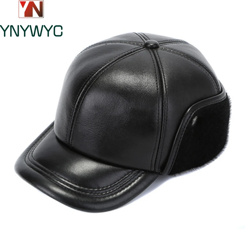 

2024 Man Outdoor Genuine Leather Faux Fur Inside Black High Quality Sheepskin Cap Hot Sale Winter Warm Ear Protection Bomber Hat