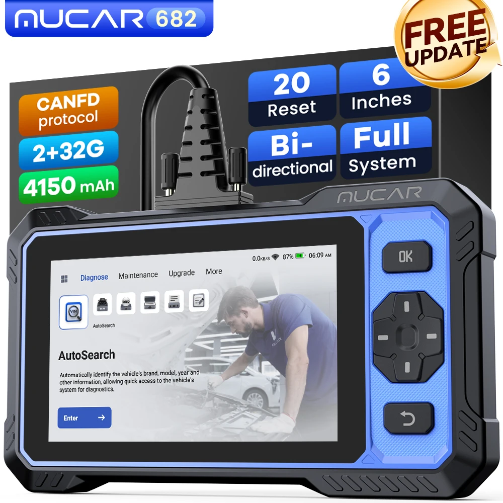 MUCAR 682 AI Professionele Bidirectionele Auto Diagnose Tool CANFD ECU Codering 20 Resets Volledig Systeem Levenslange Gratis Update OBD2 Scanner