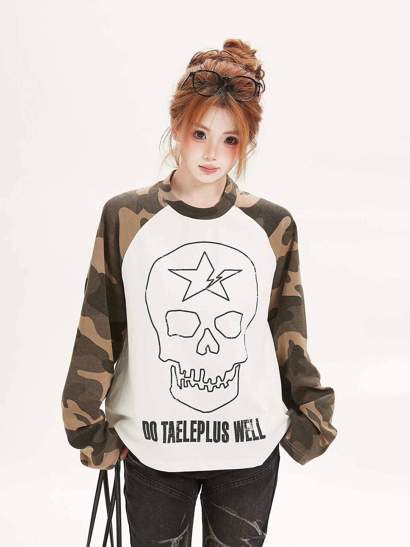 Casual Camouflage Long Sleeve T-Shirt Women Loose Base Layer Shirt Ant Lightweight Skeleton Head Print Cotton Travel Wear